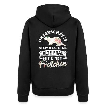 Unterschätze niemals eine alte Frau mit Frettchen - Unisex Premium Bio Zip Hoodie - Schwarz - Hinten - Nico (187cm)