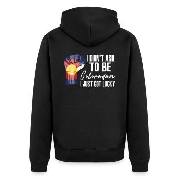 Coloradan Amerikaner US-Patriot USA Gewachsen - Unisex Premium Bio Zip Hoodie - Schwarz - Hinten - Nico (187cm)