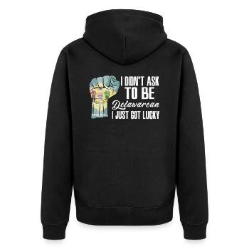 Delawareaner Amerikaner US-Patriot USA Gewachsen - Unisex Premium Bio Zip Hoodie - Schwarz - Hinten - Nico (187cm)