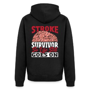 Schlaganfall-Überlebender: So geht das Leben - Unisex Premium Bio Zip Hoodie - Schwarz - Hinten - Nico (187cm)