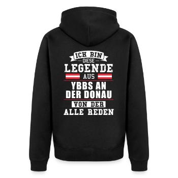 Stadt Ybbs an der Donau Österreich Legende Spruch - Unisex Premium Bio Zip Hoodie - Schwarz - Hinten - Nico (187cm)