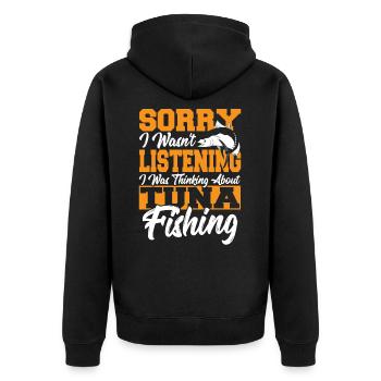 Sorry I Wasn't Listening I Was Thinking About - Unisex Premium Organic Zip Hoodie - black - Back - Nico (187cm)