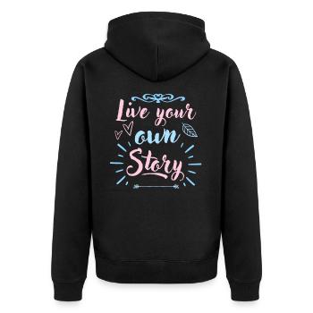 Inspiration Zitat „Lebe Deine Eigene Geschichte“ - Unisex Premium Bio Zip Hoodie - Schwarz - Hinten - Nico (187cm)