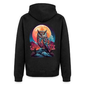 MONDBESCHIENENE MYSTIK: DIE NACHTWACHE EINER BUNTEN EULE - Unisex Premium Bio Zip Hoodie - Schwarz - Hinten - Nico (187cm)