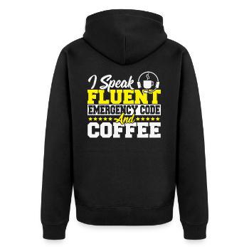 Feuerwehrabfertigung Abfertigung Thin Yellow Line - Unisex Premium Bio Zip Hoodie - Schwarz - Hinten - Nico (187cm)