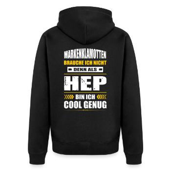 Markenklamotten Brauche Ich Nicht HEP Pfleger - Unisex Premium Bio Zip Hoodie - Schwarz - Hinten - Nico (187cm)