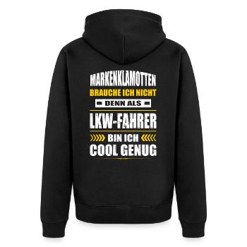 Markenklamotten Brauche Ich Nicht LKW-Fahrer - Unisex Premium Bio Zip Hoodie - Schwarz - Hinten - Nico (187cm)