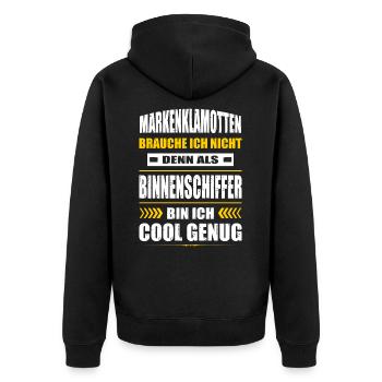 Markenklamotten Brauche Ich Nicht Binnenschiffer - Unisex Premium Bio Zip Hoodie - Schwarz - Hinten - Nico (187cm)