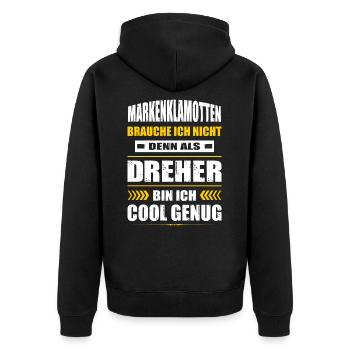 Markenklamotten Brauche Ich Nicht Dreher CNC - Unisex Premium Bio Zip Hoodie - Schwarz - Hinten - Nico (187cm)