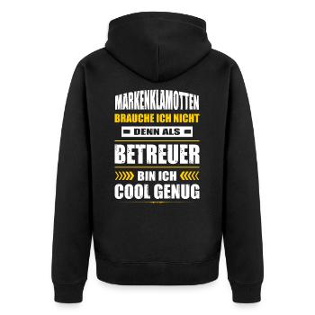 Markenklamotten Brauche Ich Nicht Betreuer Pflege - Unisex Premium Bio Zip Hoodie - Schwarz - Hinten - Nico (187cm)