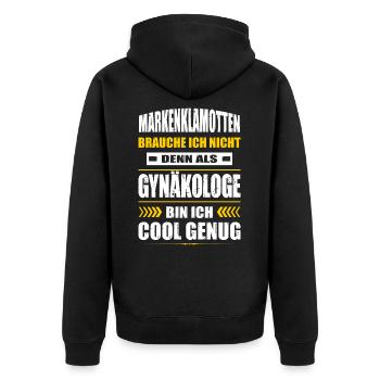 Markenklamotten Brauche Ich Nicht Gynäkologe - Unisex Premium Bio Zip Hoodie - Schwarz - Hinten - Nico (187cm)