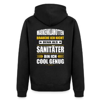 Markenklamotten Brauche Ich Nicht Sanitäter Sani - Unisex Premium Bio Zip Hoodie - Schwarz - Hinten - Nico (187cm)