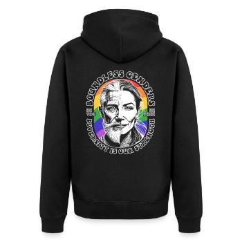 Pride Shirt für LBGTQIA+ Community: Sei du selbst - Unisex Premium Bio Zip Hoodie - Schwarz - Hinten - Nico (187cm)