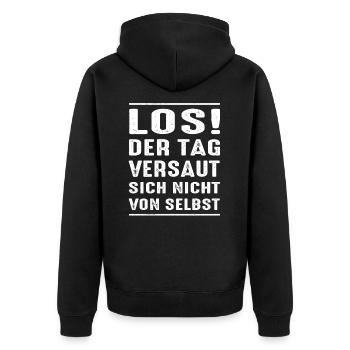 Los Der Tag Versaut Sich Nicht Von Selbst - Unisex Premium Bio Zip Hoodie - Schwarz - Hinten - Nico (187cm)