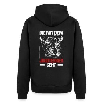 Die Mit Dem Jagdterrier Geht Hunde Frauchen Gassi - Unisex Premium Bio Zip Hoodie - Schwarz - Hinten - Nico (187cm)