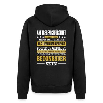 Betonbauer Spruch Stahlbetonbauer Plattenbauer - Unisex Premium Bio Zip Hoodie - Schwarz - Hinten - Nico (187cm)