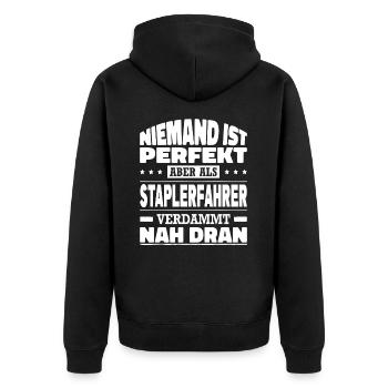 Niemand Ist Perfekt Als Staplerfahrer Nah Dran - Unisex Premium Bio Zip Hoodie - Schwarz - Hinten - Nico (187cm)