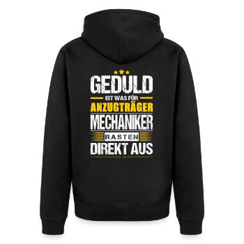 Geduld Ist Was Für Anzugträger Mechaniker Spruch - Unisex Premium Bio Zip Hoodie - Schwarz - Hinten - Nico (187cm)
