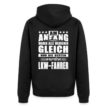 Am Anfang Waren Alle Menschen Gleich LKW-Fahrer - Unisex Premium Bio Zip Hoodie - Schwarz - Hinten - Nico (187cm)