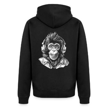 Schimpansen-Shirt für Musik- und Naturschutzfans - Unisex Premium Bio Zip Hoodie - Schwarz - Hinten - Nico (187cm)
