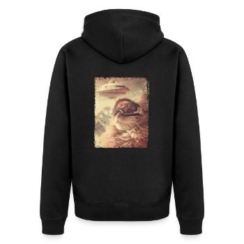UFO Retro Vintage Uncanny Alien Ski Cat - Unisex Premium Bio Zip Hoodie - Schwarz - Hinten - Nico (187cm)