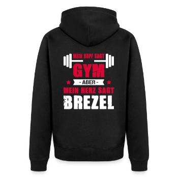 Mein Kopf Sagt Gym Mein Herz Sagt Brezel Cheatday - Unisex Premium Bio Zip Hoodie - Schwarz - Hinten - Nico (187cm)