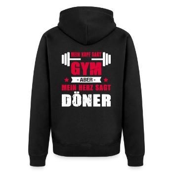 Mein Kopf Sagt Gym Mein Herz Sagt Döner Cheatday - Unisex Premium Bio Zip Hoodie - Schwarz - Hinten - Nico (187cm)