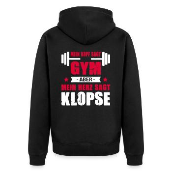 Mein Kopf Sagt Gym Mein Herz Sagt Klopse Cheatday - Unisex Premium Bio Zip Hoodie - Schwarz - Hinten - Nico (187cm)