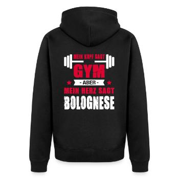 Mein Kopf Sagt Gym Aber Mein Herz Sagt Bolognese - Unisex Premium Bio Zip Hoodie - Schwarz - Hinten - Nico (187cm)