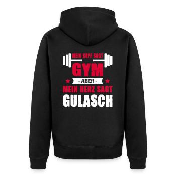 Mein Kopf Sagt Gym Aber Mein Herz Sagt Gulasch - Unisex Premium Bio Zip Hoodie - Schwarz - Hinten - Nico (187cm)