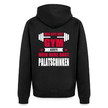 Mein Kopf Sagt Gym Mein Herz Sagt Palatschinken - Unisex Premium Bio Zip Hoodie - Schwarz - Hinten - Nico (187cm)