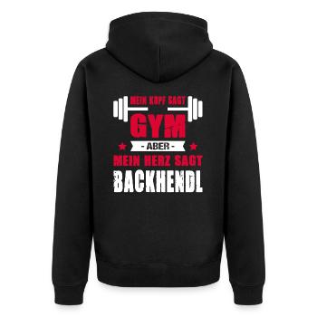 Mein Kopf Sagt Gym Aber Mein Herz Sagt Backhendl - Unisex Premium Bio Zip Hoodie - Schwarz - Hinten - Nico (187cm)