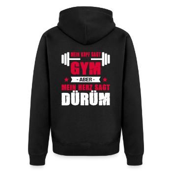 Mein Kopf Sagt Gym Mein Herz Sagt Dürüm - Unisex Premium Bio Zip Hoodie - Schwarz - Hinten - Nico (187cm)