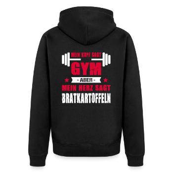 Kopf Sagt Gym Aber Mein Herz Sagt Bratkartoffeln - Unisex Premium Bio Zip Hoodie - Schwarz - Hinten - Nico (187cm)