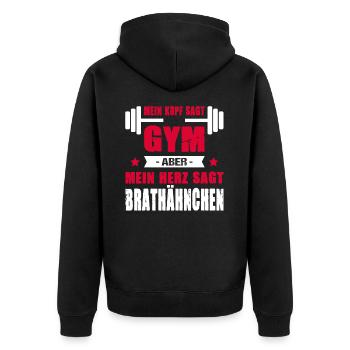 Mein Kopf Sagt Gym Mein Herz Sagt Brathähnchen - Unisex Premium Bio Zip Hoodie - Schwarz - Hinten - Nico (187cm)