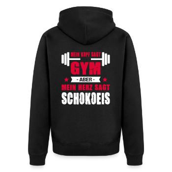 Mein Kopf Sagt Gym Aber Mein Herz Sagt Schokoeis - Unisex Premium Bio Zip Hoodie - Schwarz - Hinten - Nico (187cm)