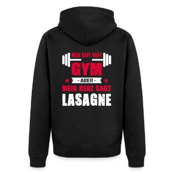 Mein Kopf Sagt Gym Mein Herz Sagt Lasagne Cheatday - Unisex Premium Bio Zip Hoodie - Schwarz - Hinten - Nico (187cm)
