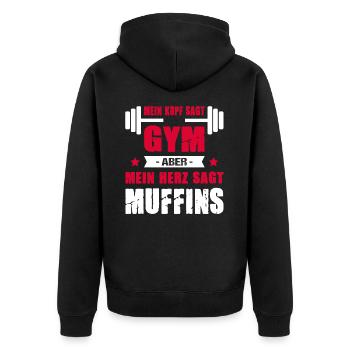 Mein Kopf Sagt Gym Aber Mein Herz Sagt Muffins - Unisex Premium Bio Zip Hoodie - Schwarz - Hinten - Nico (187cm)