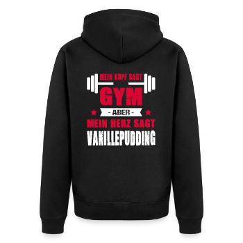 Kopf Sagt Gym Aber Mein Herz Sagt Vanillepudding - Unisex Premium Bio Zip Hoodie - Schwarz - Hinten - Nico (187cm)
