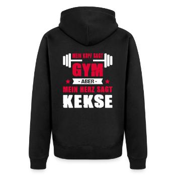 Mein Kopf Sagt Gym Mein Herz Sagt Kekse Cheatday - Unisex Premium Bio Zip Hoodie - Schwarz - Hinten - Nico (187cm)