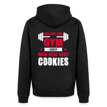 Mein Kopf Sagt Gym Mein Herz Sagt Cookies Cheatday - Unisex Premium Bio Zip Hoodie - Schwarz - Hinten - Nico (187cm)