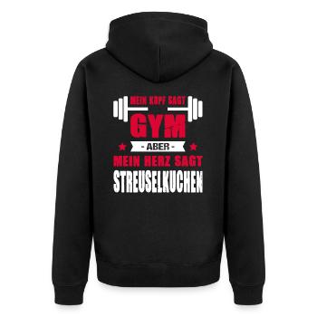 Kopf Sagt Gym Aber Mein Herz Sagt Streuselkuchen - Unisex Premium Bio Zip Hoodie - Schwarz - Hinten - Nico (187cm)