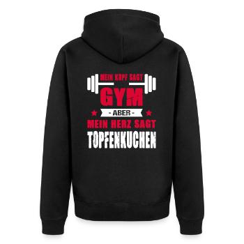 Mein Kopf Sagt Gym Mein Herz Sagt Topfenkuchen - Unisex Premium Bio Zip Hoodie - Schwarz - Hinten - Nico (187cm)