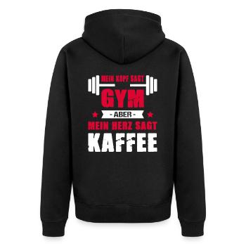 Mein Kopf Sagt Gym Mein Herz Sagt Kaffee Cheatday - Unisex Premium Bio Zip Hoodie - Schwarz - Hinten - Nico (187cm)