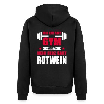 Mein Kopf Sagt Gym Mein Herz Sagt Rotwein Cheatday - Unisex Premium Bio Zip Hoodie - Schwarz - Hinten - Nico (187cm)