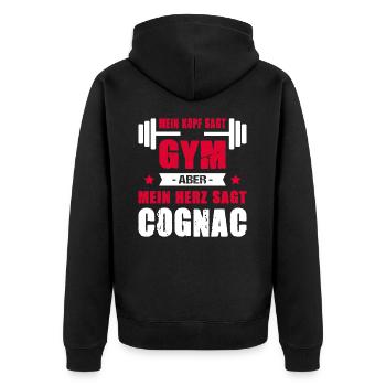 Mein Kopf Sagt Gym Mein Herz Sagt Cognac Cheatday - Unisex Premium Bio Zip Hoodie - Schwarz - Hinten - Nico (187cm)