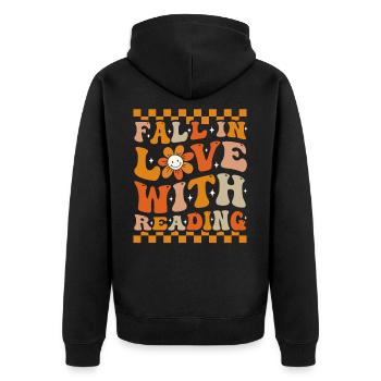 Verlieben Sie sich in das Lesen von Büchern Groovy Autumn - Unisex Premium Bio Zip Hoodie - Schwarz - Hinten - Nico (187cm)