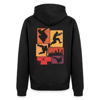 Retro Parkour Athlet Freerunning Stadt Skyline - Unisex Premium Bio Zip Hoodie - Schwarz - Hinten - Nico (187cm)