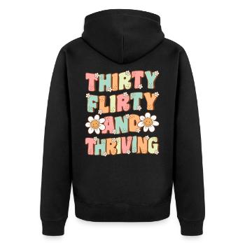 Dreißig Flirty und Blühende Groovy 30. Geburtstag - Unisex Premium Bio Zip Hoodie - Schwarz - Hinten - Nico (187cm)