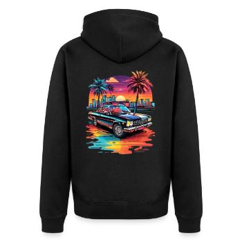 Retro Car Cruiser bei Sonnenuntergang - Unisex Premium Bio Zip Hoodie - Schwarz - Hinten - Nico (187cm)